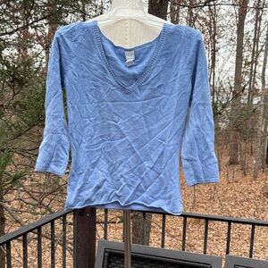 Garnet Hill Blue V-Neck Women's Top 3/4 length sleeves sz. S 100% cashmere